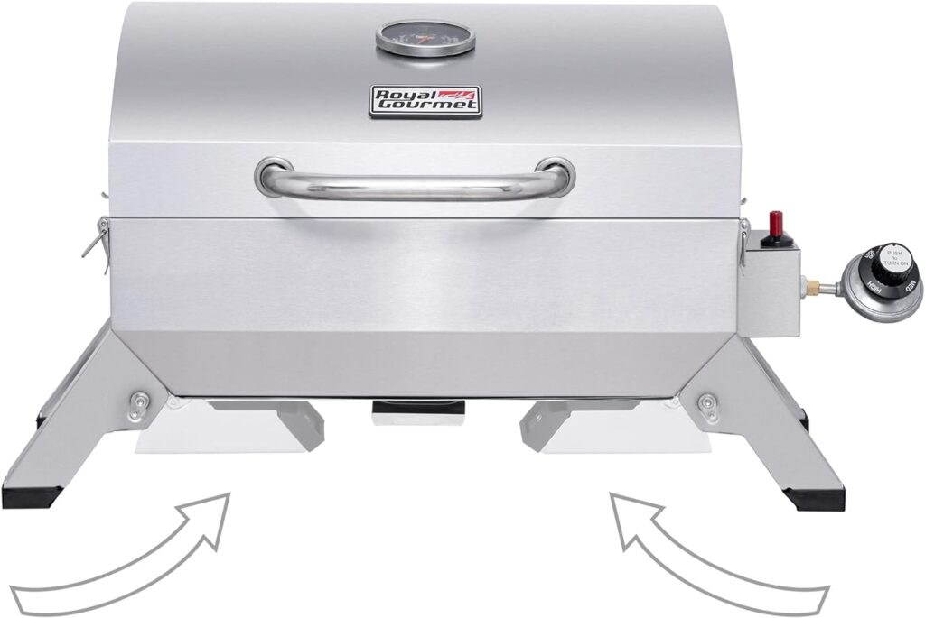 Royal Gourmet GT1001 Stainless Steel Portable Grill, 10000 BTU BBQ Tabletop Gas Grill with Folding Legs and Lockable Lid, Outdoor Camping, Deck and Tailgating, Silver