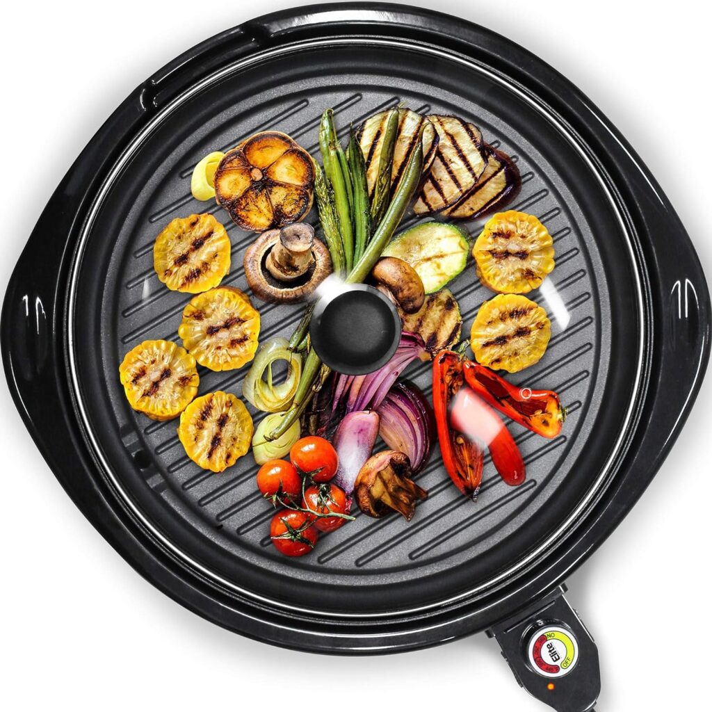 Elite Gourmet Smokeless Indoor Electric BBQ Grill with Glass Lid, Dishwasher Safe, Nonstick, Adjustable Temperature, Fast Heat Up, Low-Fat Meals Easy to Clean Design