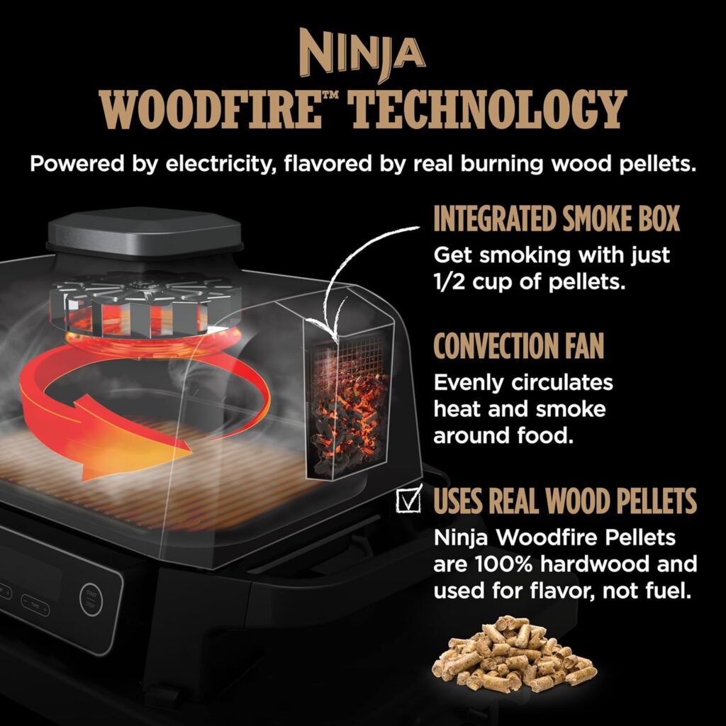 Ninja OG701 Woodfire Outdoor Grill Smoker, 7-in-1 Master Grill, BBQ Smoker, Air Fryer plus Bake, Roast, Dehydrate, Broil, uses Ninja Woodfire Pellets, Weather-Resistant, Portable, Electric, Grey