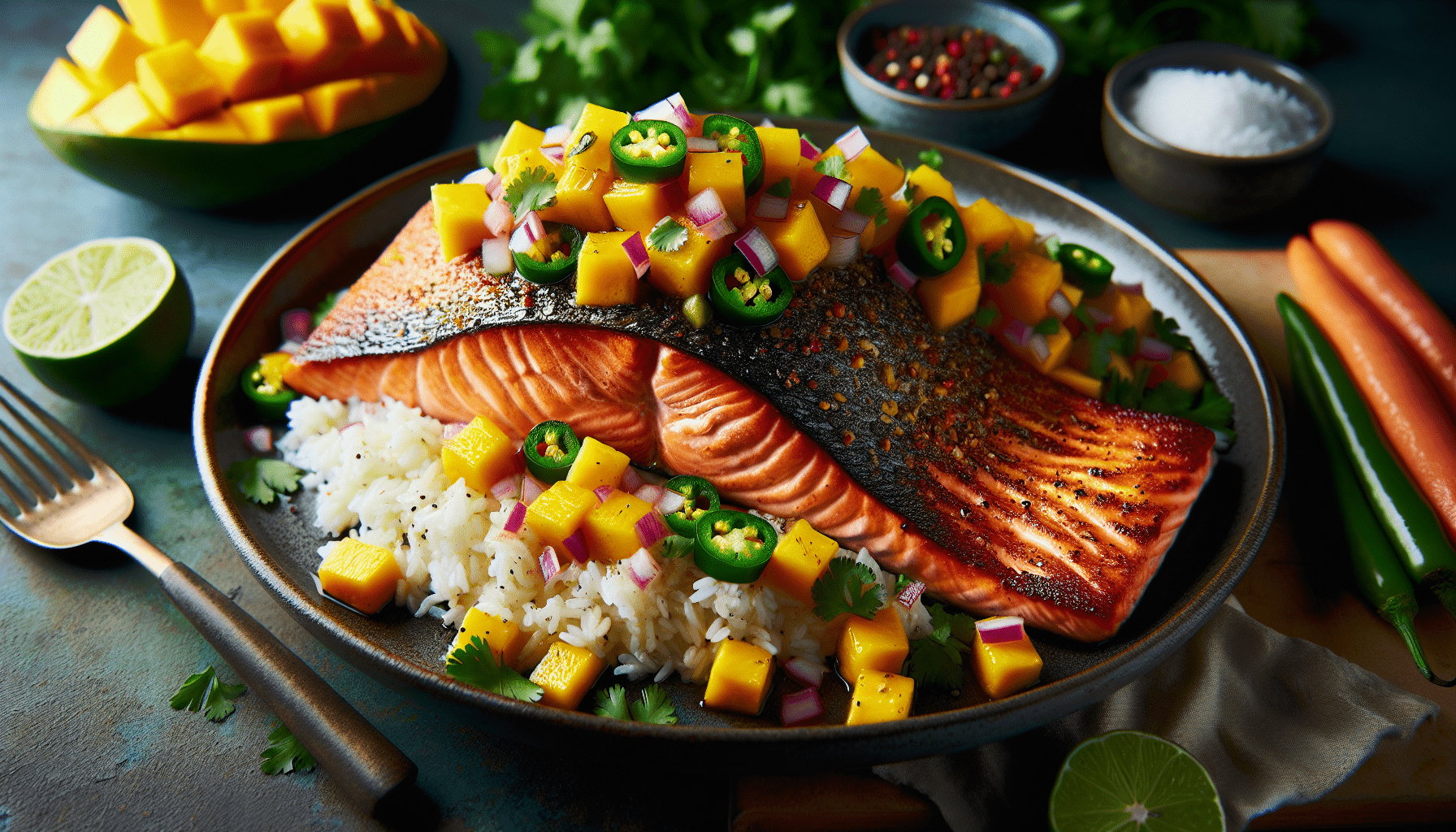 Mouth Watering Grilled Salmon with Mango Salsa and Coconut Rice